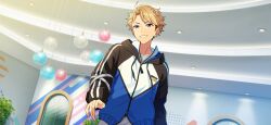  1boy blonde_hair bright_me_up!!_(ensemble_stars!) ceiling_light clenched_teeth curtained_hair drawstring earrings ensemble_stars! fingernails game_cg happy_elements hood hood_down hooded_jacket indoors jacket jewelry long_sleeves male_focus multicolored_jacket narukami_arashi official_art short_hair smile solo stud_earrings teeth third-party_source tied_drawstring upper_body violet_eyes zipper_pull_tab 