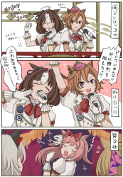  5girls :d ^^^ ^_^ agnes_digital_(umamusume) animal_ears arm_up bow brown_hair closed_eyes commentary_request crown crying curren_chan_(umamusume) ear_bow gloves grey_hair hair_bow highres holding holding_microphone horse_ears jacket meisho_doto_(umamusume) microphone mini_crown multicolored_hair multiple_girls new_stars_rose new_stars_rose_(umamusume) puffy_short_sleeves puffy_sleeves red_bow shirt short_sleeves smart_falcon_(umamusume) smile streaming_tears t.m._opera_o_(umamusume) tears twintails two-tone_hair umamusume usako_(umauma0602) violet_eyes white_gloves white_hair white_jacket white_shirt 