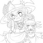  absurdres bow braid chibi cirno fang hair_bow hat highres kirisame_marisa lineart long_hair looking_at_viewer monochrome multiple_girls short_hair smile touhou transparent_background wings witch witch_hat yousei_daisensou yume_shokunin 