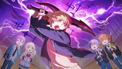  1other 4boys :3 akiyama_mizuki angry aoyagi_touya aqua_cardigan aqua_streaks aura belt black_belt black_gloves black_hoodie black_thighhighs blazer blonde_hair blonde_streaks blue_hair blue_pants blue_skirt book bow bowtie buttons cardigan closed_eyes collared_shirt colorful_palette dark_aura deformed diagonal-striped_bow diagonal-striped_bowtie diagonal-striped_clothes diagonal-striped_necktie drill_hair drill_ponytail drill_sidelocks ear_piercing earrings electricity facing_viewer fingerless_gloves floating_clothes funsai_seyo!_unvalentine_no_fukushuu_(project_sekai) furrowed_brow game_cg gloves gradient_hair grey_eyes hair_ribbon hand_up high_side_ponytail highres holding holding_book holding_knife holding_sword holding_weapon hood hoodie incoming_attack indoors jacket jewelry kamishiro_rui kamiyama_high_school_uniform_(project_sekai) knife lapels lightning long_sleeves looking_at_another mage_staff medium_hair mole mole_under_eye multicolored_hair multiple_boys necktie notched_lapels official_art open_cardigan open_clothes open_hoodie open_mouth orange_eyes orange_hair pants piercing pink_eyes pink_hair pleated_skirt project_sekai prop_knife purple_cardigan purple_hair ribbon school_uniform shinonome_akito shirt short_hair sidelocks skirt sparkle sparkling_aura split-color_hair staff streaked_hair striped_bow striped_bowtie striped_clothes sweatdrop sweater sword teeth tenma_tsukasa thigh-highs third-party_source thunder tongue two-tone_hair unamused v-shaped_eyebrows watch watch weapon white_shirt wristwatch_over_clothes yellow_sweater zettai_ryouiki 