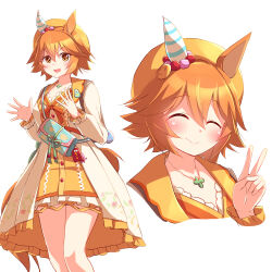  +_+ 1girl absurdres animal_ears bag beret blush closed_eyes closed_mouth coat commentary_request dress ear_covers flipped_hair hair_between_eyes hat highres horse_ears horse_girl horse_tail kanzakietc long_sleeves looking_at_viewer matikanefukukitaru_(lucky_tidings)_(umamusume) matikanefukukitaru_(umamusume) official_alternate_costume open_mouth orange_dress orange_hair short_hair simple_background single_ear_cover smile tail umamusume v white_background white_coat 