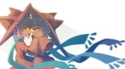  2others 8osakana_san8 ambiguous_gender animal_ears blue_scarf brown_eyes colored_sclera cowboy_shot crying crying_with_eyes_open doppelganger fake_animal_ears looking_at_another matching_outfits multiple_others niko_(oneshot) oneshot_(game) orange_sclera other_focus oversized_sweater pink_sweater purple_hair scarf smile sweater tears the_world_machine wide_shot wind wind_lift 