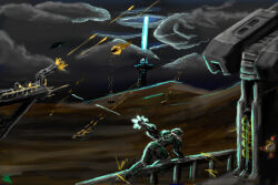  1other aircraft ambiguous_gender anti-aircraft_gun armor artist_logo autocannon battle building burning cannon clouds commentary dust_514 energy energy_beam english_commentary eve_online firing flying gallente_federation_(eve_online) gun helmet light_dropsuit_(dust_514) logo novafox outdoors overcast projectile_trail railing scenery science_fiction sky weapon 