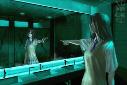  1girl black_hair blue_necktie cardigan_vest cross different_reflection gun highres holding holding_gun holding_weapon index_fingers_raised long_hair necktie original pointing pointing_at_self public_restroom reflection shirt sink solo weapon white_shirt www_(201548) 