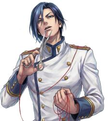  1boy blue_eyes blue_hair blue_trim epaulettes gold_buttons hair_between_eyes highres holding holding_scissors jacket locke_otaku looking_at_viewer male_focus parted_bangs parted_lips scissors short_hair shoujo_kakumei_utena solo string string_of_fate tsuchiya_ruka upper_body white_jacket 