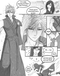  1boy 1girl apron azezazel bare_shoulders belt belt_buckle black_hair blush buckle cloud_strife commission couple crop_top detached_sleeves earrings english_commentary english_text fenrir_(final_fantasy) final_fantasy final_fantasy_vii final_fantasy_vii:_advent_children flying_sweatdrops greyscale hair_between_eyes heart hetero highres jewelry leaning_on_person long_hair looking_at_another monochrome motion_lines popped_collar ribbed_shirt shirt single_bare_shoulder single_detached_sleeve single_shoulder_pad sleeveless sleeveless_shirt speech_bubble speed_lines spiky_hair tifa_lockhart vest waist_apron wet wet_hair zipper 