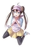  :d ahoge bad_id blue_eyes brown_hair double_bun female_protagonist_(pokemon_bw2) full_body gurasion_(gurasion) hair_between_eyes hands_together hat highres long_hair mei_(pokemon) open_mouth pantyhose pokemon pokemon_(game) pokemon_bw2 raglan_sleeves simple_background sitting skirt smile solo wariza white_background 