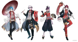  4boys absurdres ahoge banzoin_hakka bead_necklace beads bespectacled black_pants black_skin blue_eyes blue_hair calligraphy_brush calligraphy_scroll chinese_clothes chinese_knot colored_extremities colored_skin copyright_notice endless_knot feather_hair_ornament feathers firecrackers full_body fur-trimmed_jacket fur_trim gavis_bettel glasses green_eyes hair_ornament hand_fan heterochromia highres holding holding_calligraphy_brush holding_fan holding_paintbrush holding_scroll holding_umbrella holostars holostars_english jacket jewelry jun_wei jurard_t_rexford male_focus mandarin_collar medium_hair multicolored_hair multiple_boys necklace official_art paintbrush pants parasol pink_eyes pink_hair platform_sandals purple_hair red_eyes red_hair red_pants regis_altare sample_watermark sandals scroll short_hair socks tabi tangzhuang tassel umbrella virtual_youtuber watermark white_background white_hair white_socks 