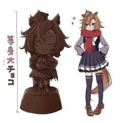  1girl ;) animal_ears bow brown_hair brown_shoes chocolate closed_mouth commentary_request crown fringe_trim hair_between_eyes highres horse_ears horse_girl horse_tail long_sleeves mini_crown one_eye_closed pleated_skirt puffy_long_sleeves puffy_sleeves purple_shirt purple_skirt purple_thighhighs red_scarf scarf shirt shoes simple_background skirt smile sparkle standing t.m._opera_o_(o_sole_suo!)_(umamusume) t.m._opera_o_(umamusume) tail thigh-highs translation_request umamusume usako_(umauma0602) violet_eyes white_background white_bow 