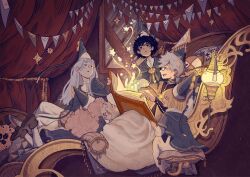  1boy 4girls agott_(tongari_boushi_no_atelier) black_hair blonde_hair blue_hair bonny_apetite book chair child coco_(tongari_boushi_no_atelier) commentary english_commentary glasses hat hat_tassel highres holding holding_book long_hair lying magic multiple_girls on_chair on_stomach open_mouth pillow pink_hair qifrey's_atelier_apprentice_uniform qifrey_(tongari_boushi_no_atelier) reading reading_together reverse_trap richeh_(tongari_boushi_no_atelier) shoes short_hair sitting smile teeth tetia_(tongari_boushi_no_atelier) tongari_boushi_no_atelier upper_teeth_only white_hair 