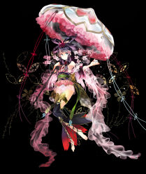  1girl barefoot black_background black_hair black_thighhighs blue_eyes bow checkered_clothes checkered_ribbon commentary_request eyeshadow falling_petals flower frilled_kimono frilled_sleeves frilled_umbrella frills hair_bow hair_ornament hair_rings holding holding_umbrella japanese_clothes kimono kimono_dress long_hair lord_of_vermilion lord_of_vermilion_iii magatama makeup obi official_artist_extra original osamu_(jagabata) petals plant_roots red_bow red_eyeshadow ribbon sash see-through_clothes simple_background skirt smile tassel thigh-highs umbrella waist_ribbon waistband white_petals 