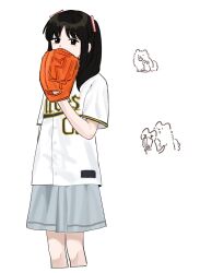  1girl animification baseball_jersey baseball_mitt basil_(wgh0anzdple3asf) black_hair cat fujishima_megumi grey_skirt hasu_no_sora_school_uniform highres jersey link!_like!_love_live! looking_at_viewer love_live! medium_skirt pleated_skirt real_life school_uniform shirt short_sleeves simple_background skirt solo summer_uniform tsukine_kona two_side_up voice_actor white_background white_shirt 