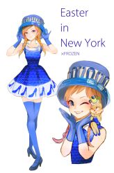  2girls animification anna_(frozen) blue_dress blue_eyes brown_hair clarice_(disney) commentary_request disney disneyland dress eyelashes frozen_(disney) full_body highres humanization looking_at_viewer mickey_mouse_&amp;_friends multiple_girls open_mouth personification sarara1119 short_hair smile solo 