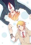  ahoge akatsuki_tomato blazer blonde_hair blue_eyes closed_eyes eyes_closed glasses hair_ornament hairclip hand_holding holding_hands jewelry kurusu_shou male multiple_boys necktie open_mouth school_uniform shinomiya_natsuki short_hair smile uta_no_prince-sama 