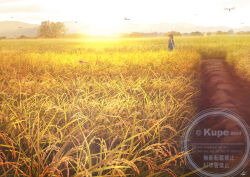  1girl artist_name bug commentary_request copyright_notice dragonfly evening field grass hat kun52 landscape mountainous_horizon original outdoors scenery solo standing straw_hat tree watermark wide_shot 