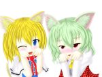  2girls alice_margatroid animal_ears arms_up ascot blonde_hair blue_dress blue_eyes blush buttons capelet cat_ears cat_tail dress dress_shirt empty empty_(artist) eyebrows fang green_hair kazami_yuuka kemonomimi_mode long_sleeves looking_at_viewer multiple_girls no_headwear open_mouth paw_pose plaid plaid_vest red_eyes ribbon shirt short_hair short_sleeves simple_background tail touhou white_background wink youkai 