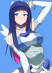  1girl :/ arched_bangs arm_behind_head arm_up blue_background blue_eyes blue_shirt bow breasts check_clothing clothing_request collar corset detached_sleeves frilled_collar frills green_corset green_trim hair_bow heart_ornament highres large_breasts long_hair looking_at_viewer multicolored_hair panty_&amp;_stocking_with_garterbelt parted_lips pink_hair purple_hair shirt simple_background skirt solo stocking_(psg) streaked_hair t-lex two-tone_shirt upper_body white_bow white_collar white_shirt white_skirt 