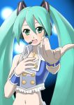  cosplay green_eyes green_hair hatsune_miku idolmaster midriff miri_(ago550421) navel solo tears twintails vocaloid 