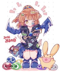  1girl ;) amitie_(puyopuyo) andou_ringo anniversary arle_nadja black_hoodie blue_boots blue_skirt blunt_bangs blush boots carbuncle_(puyopuyo) character_charm charm_(object) closed_mouth commentary_request full_body futaba969649 highres hood hood_down hoodie long_sleeves looking_at_viewer one_eye_closed orange_hair pleated_skirt ponytail puyo_(puyopuyo) puyopuyo short_hair simple_background skirt smile squatting white_background yellow_eyes 