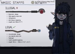  1girl amulet bags_under_eyes blue_jacket cowboy_shot dark_background dark_room elf english_text fingerless_gloves glasses gloves hand_in_pocket indoors jacket jaggy_lines karepack looking_at_viewer mage_staff mole mole_under_eye open_clothes open_jacket open_mouth original pants pointing_with_thumb pointy_ears presentation runes shade shirt slideshow solo staff standing t-shirt talking text_focus translation_request v-shaped_eyebrows 