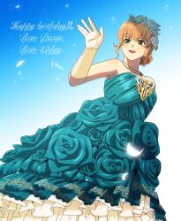  1girl bare_shoulders birthday blonde_hair blue_background blue_dress blue_flower commentary_request dress dress_flower falling_petals feet_out_of_frame flower gloves gradient_background grey_eyes hand_up happy_birthday head_wreath highres jewelry light_blush natalia_luzu_kimlasca_lanvaldear necklace official_alternate_costume open_hand open_mouth petals short_hair solo strapless strapless_dress tales_of_(series) tales_of_the_abyss wakachi white_gloves white_petals 
