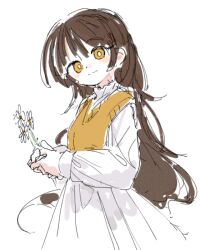  1girl brown_hair cowboy_shot dress fleabane flower holding holding_flower long_hair long_sleeves looking_at_viewer osakanadream saihate_eki simple_background sketch solo sweater_vest tenjiku_aoi vest white_background white_dress white_flower yellow_eyes yellow_vest 