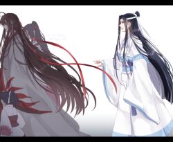 1girl 3boys aged_down ahoge black_hair blue_sash brown_hair child chinese_clothes closed_mouth coat commentary_request flower from_side grey_coat hair_down hair_ribbon half_updo hanfu headband high_ponytail highres implied_yaoi kanda_faf2 lan_sizhui lan_sizhui_(young) lan_wangji letterboxed long_hair long_sleeves looking_at_another modao_zushi multiple_boys official_alternate_costume official_alternate_hairstyle parted_lips ponytail profile red_ribbon red_sash ribbon robe sash sidelocks simple_background smile standing tassel topknot twitter_username very_long_hair walking wei_wuxian wei_wuxian_(yiling_laozu) wen_qing white_background white_hanfu white_headband white_ribbon wide_sleeves xiao_guan_(headdress) yaopei yellow_eyes 