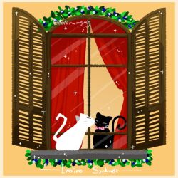  animal_focus artist_name black_cat bow bowtie cat color_mgmg commentary_request curtains no_humans original pink_bow pink_bowtie white_cat window window_shutter windowsill 