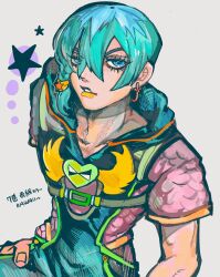  1boy aqua_hair blue_eyes braid commentary earrings hair_between_eyes hair_ornament highres hooded_overalls jewelry jodio_joestar jojo_no_kimyou_na_bouken looking_at_viewer male_focus naru_tomaki orange_lips side_braid smirk solo star_(symbol) star_hair_ornament the_jojolands upper_body 