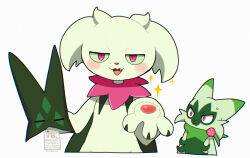  2others blush body_fur colored_sclera commentary_request fang floragato furry green_fur green_sclera half-closed_eyes hinako_iroiro holding holding_mask mask meowscarada multiple_others other_focus pink_eyes pokemon pokemon_(creature) simple_background smile sparkle wavy_mouth white_background 