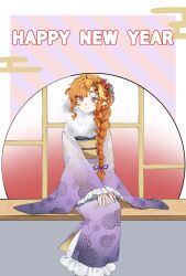  1girl alternate_costume aqua_eyes border braid commentary curtained_hair flower frilled_kimono frills fur-trimmed_kimono fur_trim furaiebi gradient_clothes gradient_kimono hair_flower hair_ornament hair_ribbon happy_new_year highres japanese_clothes kanzashi kimono long_hair looking_at_viewer moon_gate obi obiage obijime orange_hair pointy_ears purple_kimono purple_ribbon ribbon ribbon_braid round_window sash side_braid sigrika_(wuthering_waves) sitting smile solo tsumami_kanzashi very_long_hair wavy_sidelocks white_border white_kimono wide_sleeves window wuthering_waves 