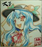  :d blue_hair bust dated food fruit hat hinanawi_tenshi long_hair marker_(medium) millipen_(medium) open_mouth peach photo red_eyes shikishi smile solo takana_shinno touhou traditional_media translation_request 