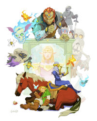  2girls 3boys blonde_hair blue_bodysuit blue_bubble_(zelda) bodysuit colored_skin dark_link duckgoose epona forehead_jewel ganondorf green_hat green_skin green_tunic grin hat highres holding holding_instrument holding_lyre instrument keese link lyre multiple_boys multiple_girls navi poe_(zelda) princess_zelda red_hair sheik simple_background sitting skulltula smile stalchild the_legend_of_zelda the_legend_of_zelda:_ocarina_of_time tunic white_background 