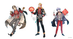  3boys absurdres antenna_hair axel_syrios black_pants blonde_hair blue_eyes blue_hair braid brown_hair chinese_clothes chinese_knot coat coat_on_shoulders collared_jacket copyright_notice crimzon_ruze doufang endless_knot fai_chun fangs full_body fur-trimmed_coat fur_trim good_fortune_symbol grey_pants grin highres holding holding_lantern holding_scissors holostars holostars_english jacket jade_(gemstone) jewelry jun_wei lantern male_focus multicolored_hair multiple_boys multiple_braids necklace octavio official_art open_mouth pants pink_eyes pointy_ears red_pants red_streaks sample_watermark scissors side_braid single_braid smile tangzhuang tassel tri_braids two-tone_hair violet_eyes virtual_youtuber watermark white_background 