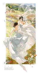  2girls artist_name black_hair braid chi_tang choker commission dieluohuan dress elbow_gloves french_text glasses gloves her_mountain_her_ocean highres holding_hands jewelry multiple_girls necklace see-through_clothes see-through_veil short_hair single_braid sleeveless sleeveless_dress smile strapless strapless_dress veil wedding_dress white_choker white_dress white_gloves you_yu yuri 