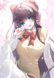  1girl :d black_hair blue_eyes bow bowtie collared_shirt day diagonal-striped_bow diagonal-striped_bowtie diagonal-striped_clothes falling_petals feet_out_of_frame flower hair_bow hair_ornament hand_up hashtag-only_commentary heart heart_hair_ornament highres holding holding_flower knees_up long_hair miniskirt open_mouth outdoors petals ppen_(ppenny) red_bow red_bowtie red_skirt school_uniform shirayuki_hina shirt sitting skirt smile solo stellive straight_hair striped_bow striped_bowtie striped_clothes sweater_vest thigh-highs very_long_hair virtual_youtuber white_shirt white_thighhighs wing_collar wispy_bangs yellow_sweater_vest 