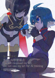  2boys armor bird black_armor black_eyes black_hair blue_armor blue_eyes blue_hair commentary_request grey_hair hidden_phantom_(mega_man) male_focus mega_man_(series) mega_man_zero_(series) multicolored_hair multiple_boys red_scarf scarf short_hair simple_background sitting standing two-tone_hair white_background x_(mega_man) yamanashi_taiki 