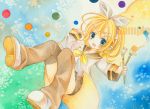  blonde_hair blue_eyes blush bow chinako hair_bow hair_ornament hairclip headphones kagamine_rin paintbrush rainbow solo vocaloid 