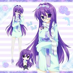  1girl 2000s_(style) alternate_costume black-framed_eyewear breasts chibi chibi_inset cross doki_doki_literature_club english_commentary english_text flower flower_on_head full_body hair_between_eyes highres jelly_(bonnybel) long_hair looking_at_viewer purple_hair purple_shoes shoes single_bare_shoulder sleeves_past_fingers sleeves_past_wrists thigh-highs very_long_hair violet_eyes white_thighhighs yuri_(doki_doki_literature_club) 