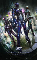  4girls absurdres armor ass ballet_boots billboard bubblegum_crisis building copyright_name cyberpunk dated deryl555 english_commentary english_text full_armor full_body hardsuit helmet high_heels highres linna_yamazaki movie_poster_(medium) multiple_girls nene_romanova neon_lights power_armor priscilla_asagiri realistic reflection skyscraper standing sylia_stingray 