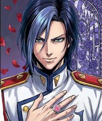  1boy blue_hair castle closed_mouth commentary_request epaulettes falling_petals flower hair_between_eyes hand_on_own_chest highres jacket jewelry locke_otaku male_focus petals red_petals ring rose short_hair shoujo_kakumei_utena smile solo stained_glass sword tsuchiya_ruka upper_body weapon white_jacket 