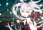  2012 character_name fingerless_gloves flower gloves hair_flower hair_ornament hairclip hatsune_miku headphones headphones_around_neck karasu_(chalk) looking_at_viewer nail_polish petals pink_hair red_eyes sakura_miku solo twintails vocaloid 