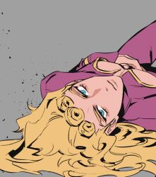 1boy blonde_hair blue_eyes cleavage_cutout clothing_cutout giorno_giovanna grey_background hair_rings highres jacket jojo_no_kimyou_na_bouken long_hair long_sleeves looking_at_viewer lying male_focus on_back pants purple_jacket purple_pants sengsengmurim solo vento_aureo 