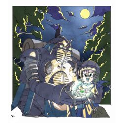  1girl 1other armor artificial_eye blue_eyes border chrono_trigger clouds cloudy_sky commentary_request full_moon glowing gold_armor grey_shirt headset helmet highres holding kakeru_(dbskakeru) long_sleeves lucca_ashtear mechanical_arms mechanical_eye mechanical_hands moon night open_mouth orange_tunic outdoors outside_border purple_hair robo_(chrono_trigger) robot shirt short_hair signature sky tree tunic upper_body white_border 