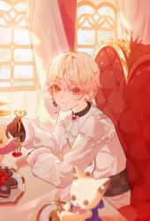  1boy arm_on_table black_gloves blonde_hair candy_heart crumbs curtains earrings eating food fork gloves gradient_hair hashtag-only_commentary highres holding holding_fork jewelry looking_at_viewer male_focus multicolored_hair project_sekai pururing_(didksoja) single_earring sitting solo tenma_tsukasa throne window 