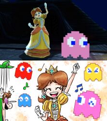  blinky_(pac-man) closed_eyes clyde_(pac-man) crown dress earrings facial_hair flower_earrings flying_sweatdrops game_screenshot_inset gloves green_hat hat highres inky_(pac-man) jewelry kicdon luigi musical_note mustache open_mouth orange_dress pac-man_(game) pinky_(pac-man) princess_daisy screenshot_inset smile super_mario_bros. super_smash_bros. 
