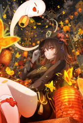  1girl bead_bracelet beads bell black_hat black_nails black_shorts blush boo_tao_(genshin_impact) bracelet breasts brown_hair bug butterfly commentary_request flower flower-shaped_pupils genshin_impact ghost hair_between_eyes hat hat_flower hat_tassel highres holding holding_lantern hu_tao_(genshin_impact) jewelry lantern long_hair long_sleeves looking_at_viewer one_eye_closed open_mouth paper_lantern plum_blossoms porkpie_hat red_eyes ring shorts small_breasts smile solo symbol-shaped_pupils tailcoat thighs thumb_ring twintails very_long_hair yatsu_(yatsu_a_yatsu) 