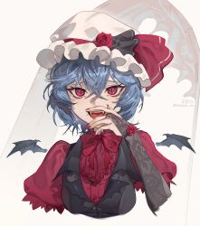  1girl absurdres alternate_costume bat_wings black_vest blue_hair bridal_gauntlets commentary fangs flower hat hat_flower hat_ribbon highres looking_at_viewer mob_cap open_mouth red_eyes red_flower red_nails red_rose red_shirt remilia_scarlet ribbon rose shimiya_jin shirt smile solo symbol-only_commentary touhou twitter_username vest wings 
