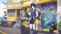  1boy backpack bag barrel beret black_hair black_hat black_shorts blue_eyes bucket closed_mouth commentary_request cup disposable_cup drinking_straw genshin_impact grey_vest hair_between_eyes hat highres holding holding_cup looking_at_viewer male_focus official_alternate_costume official_art scaramouche_(genshin_impact) school_uniform shirt short_hair shorts skateboard solo vest wanderer_(genshin_impact) wanderer_(mega_mgc_coffee)_(genshin_impact) white_shirt 