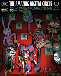 3hkowalski 4boys 4girls animal_ears arm_behind_head arm_rest asymmetrical_eyes asymmetrical_gloves black_bow black_bowtie black_eyes black_hair black_pants blue_eyes blue_gloves blue_hat bow bowtie bubble bubble_(the_amazing_digital_circus) caine_(the_amazing_digital_circus) camera chair chess_piece crossed_arms crying english_text feet_on_chair frown gangle_(the_amazing_digital_circus) gloves green_eyes hand_on_own_face hat heterochromia highres jax_(the_amazing_digital_circus) jester_cap jester_costume king_(chess) kinger_(the_amazing_digital_circus) lapels leaning_forward leaning_to_the_side movie_poster_(medium) movie_theater multicolored_eyes multiple_boys multiple_girls pants pink_bow pink_bowtie pink_ribbon pomni_(the_amazing_digital_circus) poster_(medium) purple_suspenders rabbit_boy rabbit_ears ragatha_(the_amazing_digital_circus) red_eyes red_gloves red_hair red_hat red_ribbon red_tailcoat ribbon sharp_teeth sitting smile suspenders tailcoat teardrop teeth the_amazing_digital_circus title top_hat two-tone_eyes two-tone_hat x_mark yellow_eyes yellow_gloves zooble_(the_amazing_digital_circus) 